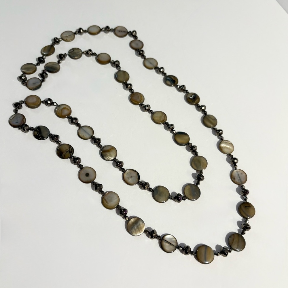 Artisan Bronze Iridescent Shell And Gunmetal Faceted Bead Long 46” Necklace